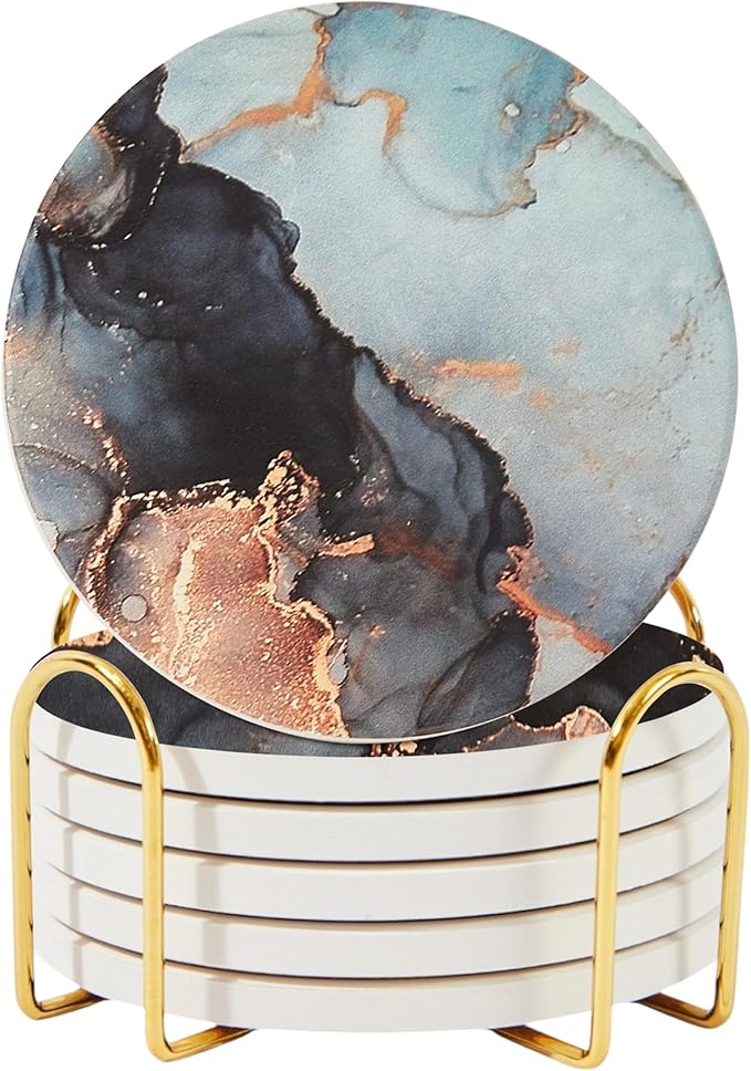 Ceramic Absorbent Coasters Set of 6 with Holder, Marble Drink Coasters for Coffee Table, Water Absorbing Coaster (Twinkle Gold Holder)