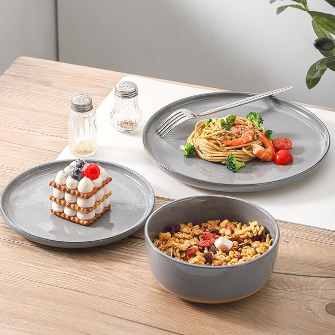 Ceramic Dinner Plates Set of 6,Stoneware 8 Inch,Microwave,Dishwasher and Oven Safe,Porcelain Dessert Plates for Pasta,Salad and Steak,Christmas Gift,Dishes for Kitchen,Scratch Resistant,Gray