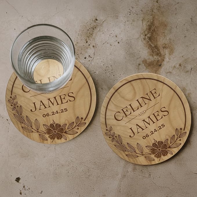 100 Pack Personalized Wedding Coasters, Custom Cardboard Coasters for Drinks with Photo Print and Text, Keepsake Wedding Favors and Gifts for Couples, 3.95" Round (Design 4)