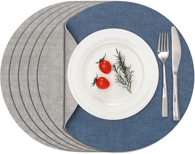Myir JUN Reversible Vinyl Round Placemats Set of 6, Faux Leather Place Mats Dual Sided Waterproof Wipeable, Heat-Resistant Table Mats for Kitchen Dining Indoor Outdoor (14", Light Gray Navy Blue)