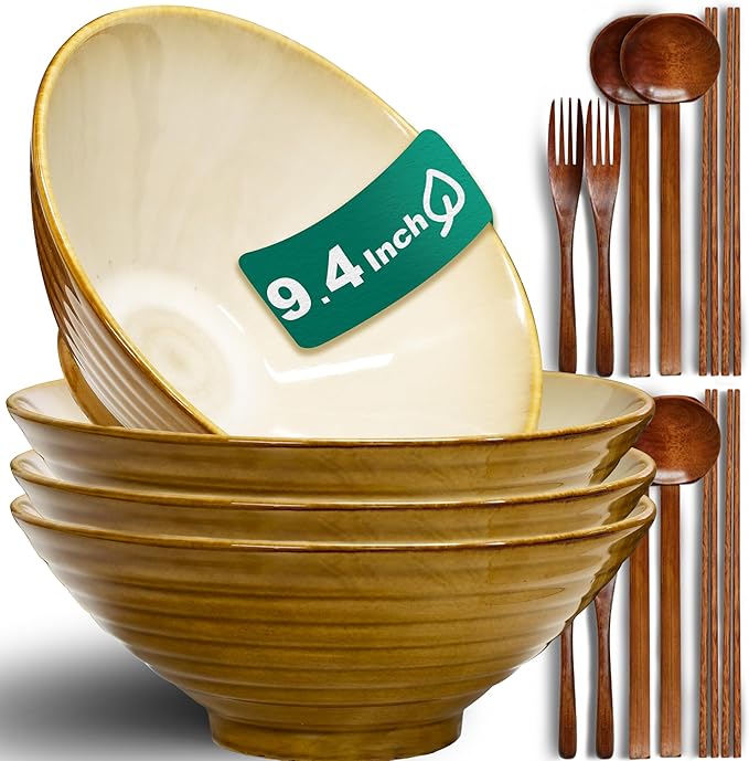 9.4-Inch 4 Sets Ceramic Ramen Bowl (16 Piece) - Japanese Porcelain Dishwasher Microwave Safe Salad Noodles Cereal Pasta Soup Large Bowls with Chopsticks Forks Spoons for Men Women Housewarming Gift