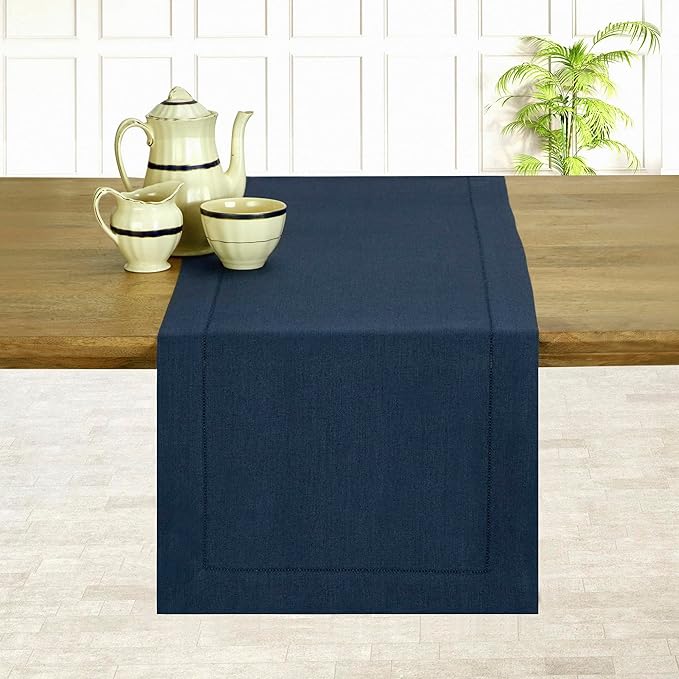 D'Moksha Homes Linen Navy Blue Table Runner 108 Inches Long - 100% Pure Linen 14 x 108 Inch Table Runner for Easter - Classic Hemstitch
