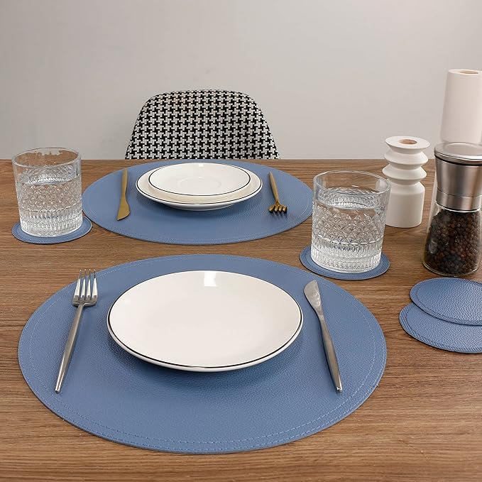 Set of 8 Faux Leather Round Placemats and Coasters, Coffee Mats Kitchen Table Mats, Waterproof, Easy to Clean for Kitchen Dining Round Table