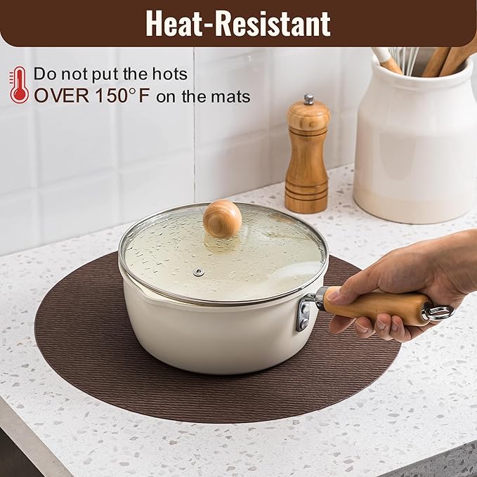 Jovono 15" Faux Leather Big Round Placemats Set of 4 - Washable Heat Resistant Non-Slip Dining Table Mats with Fabric Texture for Kitchen Home Party Decor, Coffee
