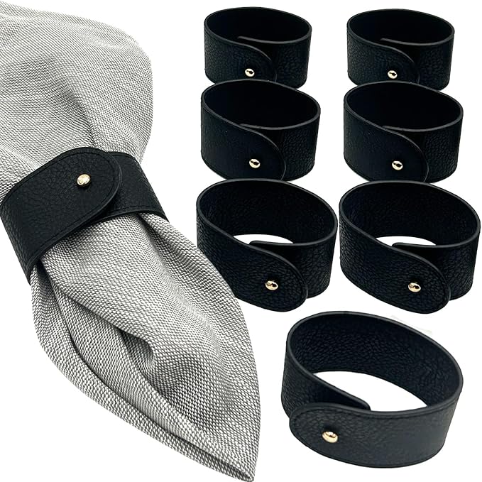 Luxury Leather Napkin Rings Set of 8, Black, Morgan Faux Style, Modern Cuff Design for Wedding Party Decorations, Kitchen, Holiday Table,Rust Proof,Hotel, Home, Table Accessories, Dining