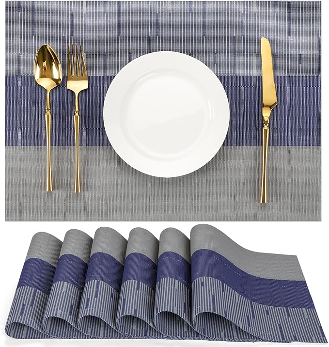 Placemats Set of 6, Vinyl Woven Place Mats Indoor Set of 6 Washable Wipeable PVC Table Mats Heat-Resistant Non Slip Plastic Placemat for Kitchen Dining Outdoor Table (Blue Gray, Set of 6)