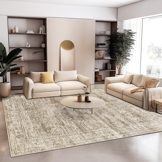 9x12 Area Rugs for Living Room, Non Slip Machine Washable Vintage Rugs, Low Pile Lightweight Large Rug for Bedroom, Dining Room, Home Office Brown
