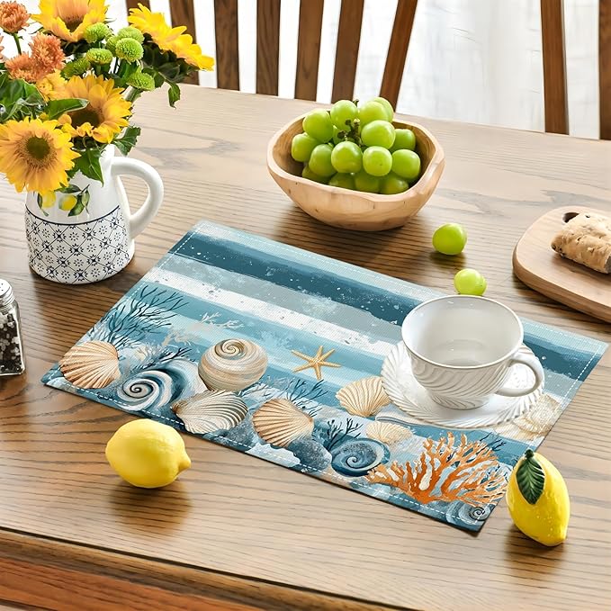 Ocean Seashell Placemats Set of 4, Beach Starfish Place Mats, Coastal Marine Life Waterproof Washable Table Mats for Home Party Indoor Kitchen Dining Table Decoration 12x18 Inch