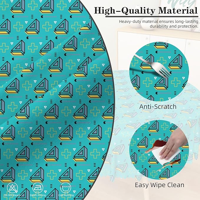 Laeacco 70 Inch Geometric Round Tablecloth Turquoise Triangle Pattern Modern Abstract Art Print Table Cloth Washable Waterproof Wrinkle Free Table Cover for Kitchen Dining Picnic Party Decoration