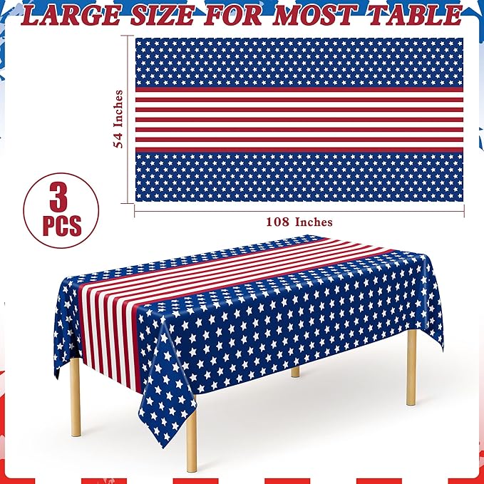 QZYL 3 Pack 4th of July Tablecloths, 54" x 108" Patriotic Plastic Tablecloth, Rectangle Fourth of July Table Cloth Red White Blue Tablecover, Patriotic Party Supplies Independence Day Decorations