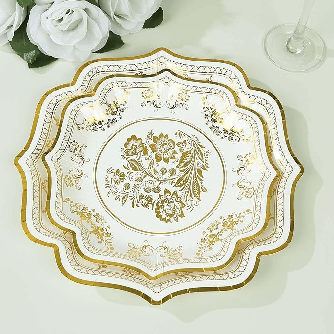 50 Pack 8" White Gold French Toile Dessert Plates, Disposable Round Paper Floral Pattern Appetizer Salad Plates 300 GSM for Party Decoration