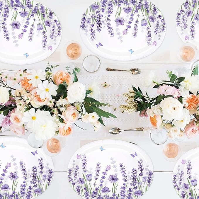 50 Pcs Lavender Oval Paper Plates Large 10" x 12" Spring Purple Lavender Floral Plates Disposable Heavy Duty Butterfly Flower Plates for Wedding Purple Baby Shower Lavender Birthday Party Decorations