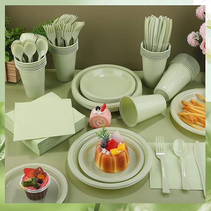 Kochorie 480 Pieces Sage Green Plastic Dinnerware Set Disposable Heavy Duty Plates Napkins Cups Silverware Dessert Dinner Plates for Birthday Wedding Baby Shower Party Supplies, Serves 60 Guests