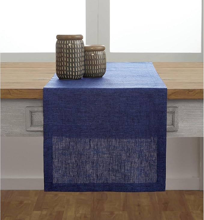 Solino Home Linen Table Runner 90 Inches Long - Athena, 100% Pure Linen Chambray Navy 14 x 90 Inch Table Runner for Dining, Fall, Autumn, Thanksgiving, Holiday