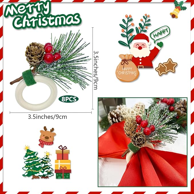 WINGFISH Christmas Napkin Rings Set of 12 Snowy Pine Cone Poinsettia Red Berry Wooden Napkin Rings Christmas Napkin Holders Decor for Xmas Holiday Party Gathering Dinner