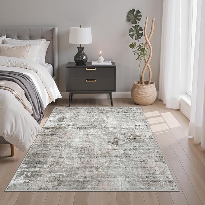 Area Rugs 4x6 for Living Room, Vintage Washable Rugs for Dining Room, Kitchen, Non-Slip Area Rug Pink Grey
