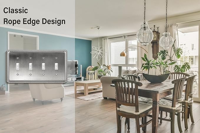 Henne Bery Rope Edge Decorative Wall Plate Switch Plate Outlet Cover (Quad Toggle, Heirloom Silver)