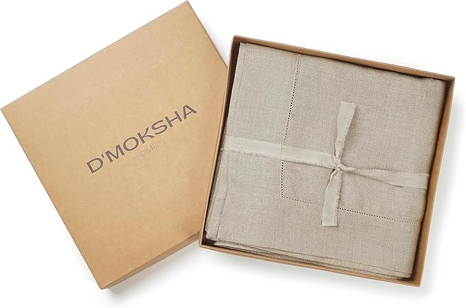 D'Moksha Homes Natural Linen Tablecloth 60 x 108 Inch - 100% Pure Linen Natural Table Cloth for Rectangle Tables - Classic Hemstitch, Machine Washable Tablecloth for Valentines, Spring, Easter