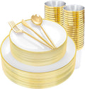 EI 180pcs White and Gold Plastic Plates,Gold Plastic Plates for Party,Fancy Plate Disposable Dinnerware Sets,Gold Disposable Silverware and Cups for Wedding,Baby Shower,Spring Afternoon Tea