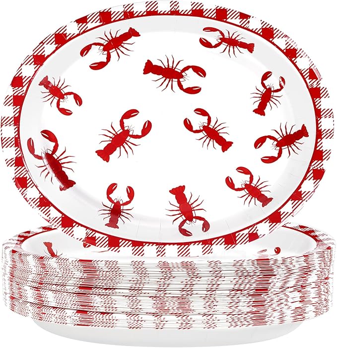Grencian 50Pcs Crawfish Boil Oval Paper Plates 10" X 12" Disposable Red Grid Pattern Crawfish Party Plates Crawfish Tableware for Lobster BBQ Gathering Picnic Cookout Carnival Birthday Decorations