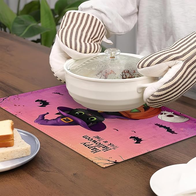 Halloween Pumpkin Placemats Set of 6,Trick or Treat Placemats Washable Kitchen Dining Linen Table Mats Stain Heat-Resistant for Home Party Indoor 12x18 inch