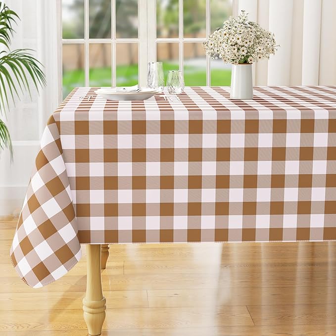 misaya Rectangle Waterproof Vinyl Table Cloth, Buffalo Flannel Backed Tablecloth, Wipeable Plastic Table Cover for Dinner, Kitchen, Outdoor (60" x 120", Brown and White)