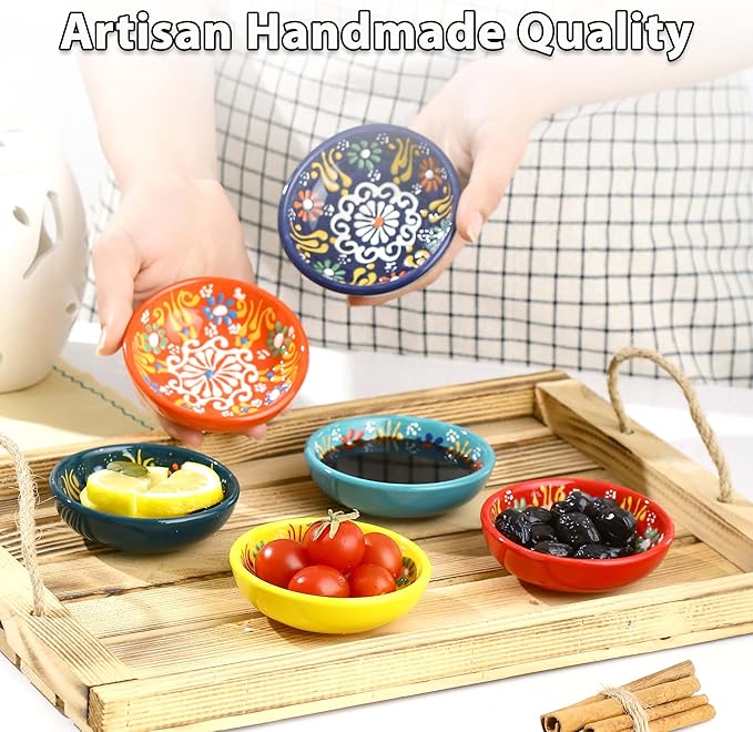 Ceramic Small Bowls, Dipping Bowls Set of 6, 2.5 Oz Soy Sauce Dish, Handmade Charcuterie Bowls, Colorful Pinch Bowls, Dishwasher & Microwave Safe Sauce Bowls, 3.3" Mini Bowls (SULTAN'S GARDEN)