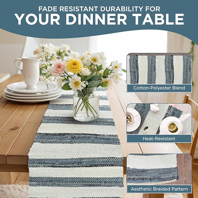 Perilla Home Chindi Table Runner Boho with Tassels 72 Inches Long Linen Cotton - Braided Rustic Farmhouse Fall Kitchen Dining Table Decoration for Party Wedding (Blue & White)