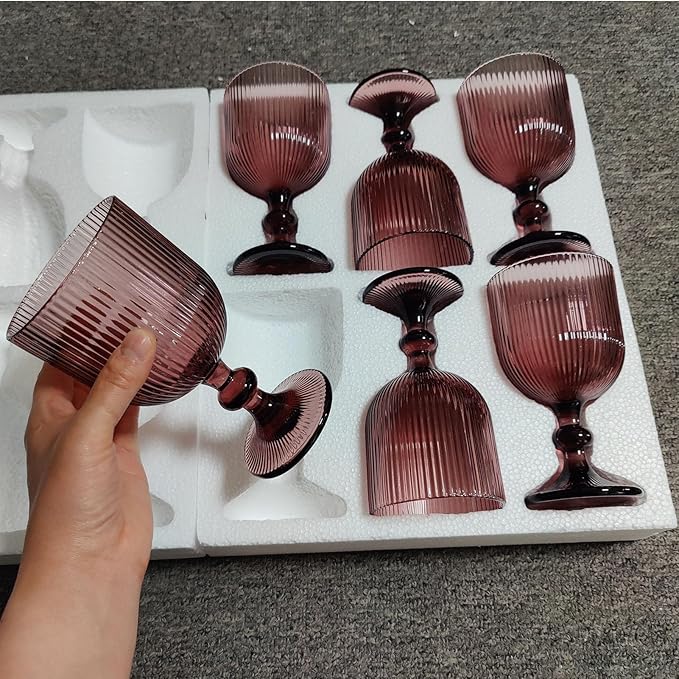 Purple Glasses Drinking Water Goblets set of 6 Colored Wine Glasses 13oz Pink Vintage Glassware for Wedding Party Bar Vertical Line Embossed Pattern Stemmed Cups 400ml