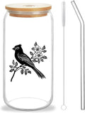 Cute Cardinal Glass Cup With Lids And Straws, Cardinal Gift For Women, Iced, Coffee, Smoothie, Cocktail, Beer, Whiskey, Soda, Matcha,16 Oz, Home Office Table Desk Decoration!