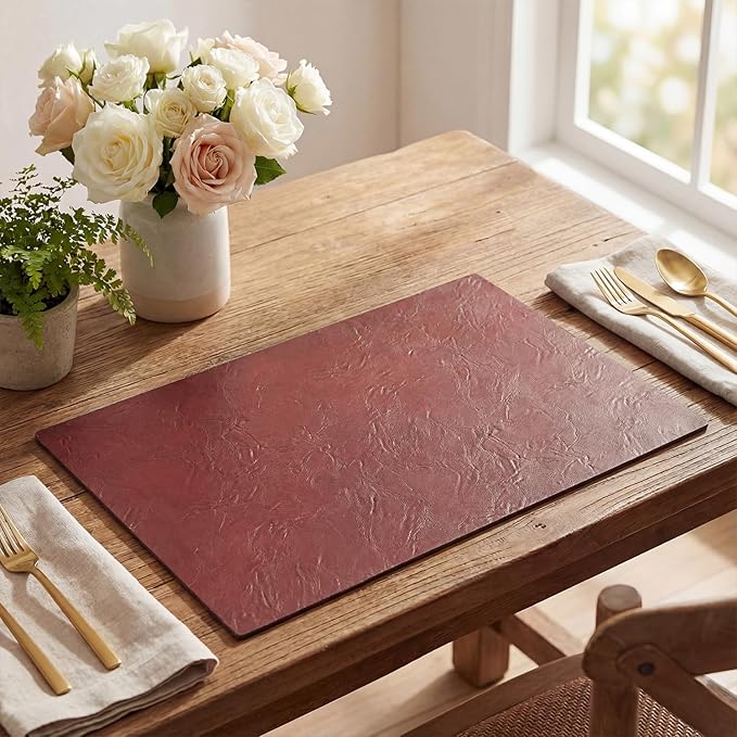 Artoid Mode Red Faux Leather Placemats Set of 6, 12x18 Inch Waterproof Wipeable Heat Resistant Vinyl Place Mats, Reversible Table Mats for Christmas Kitchen Dining Decor