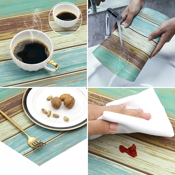 SHACOS Small Round Table Placemats Set of 5 Woven Vinyl Wedge Placemats with Centerpiece Round Table Mats Wipe Clean, Teal Brown Stripe Wood Board