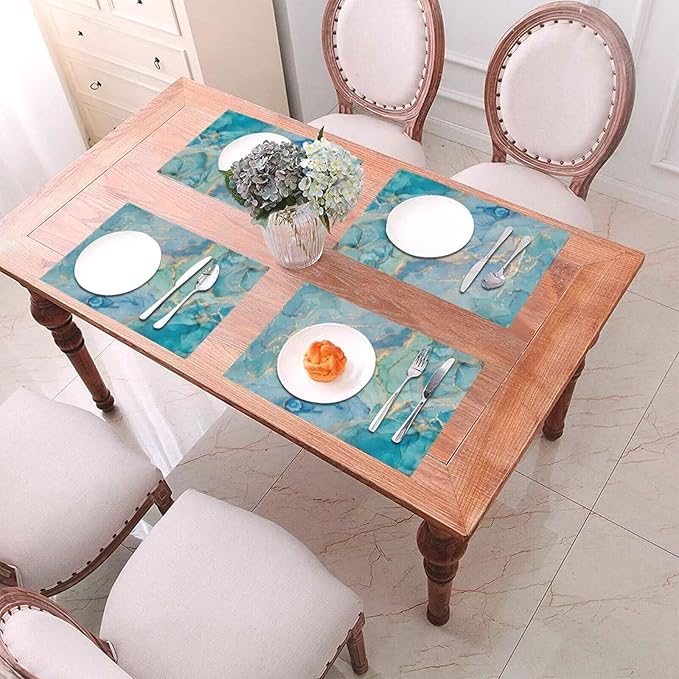 Teal Marble Placemats Set of 4 Turquoise Blue Gold Natural Luxury Abstract Fluid Wipeable Table Mats Reusable Washable PVC Rectangle Place Mats for Kitchen Dining Home Decor 12x18 Inches