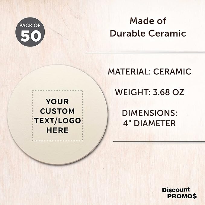 DISCOUNT PROMOS Custom Ceramic Coasters Set of 50, Personalized Bulk Pack - 4 Inches with Cork Bottom Pad, Perfect for Hotel, Bar, Restaurant - Natural