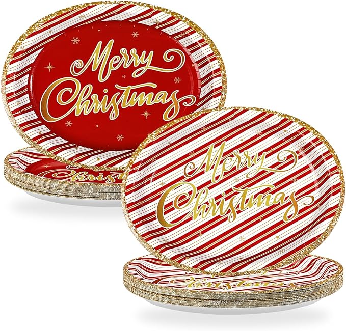 50Pcs Christmas Oval Paper Plates 10" x 12" Large Disposable Heavy Duty Red and Gold Stripe Paper Platters Red Gold Xmas Party Platter for Merry Christmas Holiday New Year Dinner Party Supplies