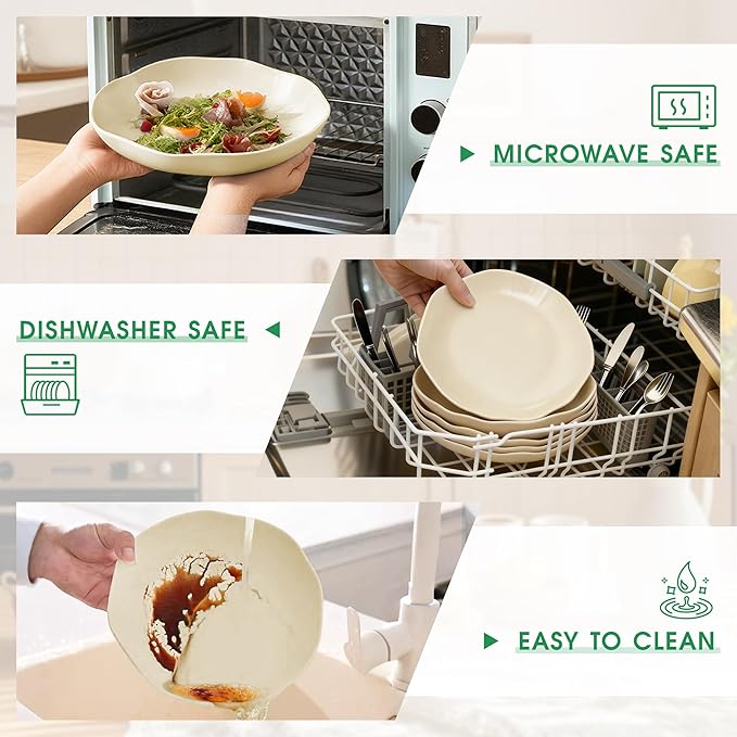 Pasta Bowls Set of 4, Ceramic 24.5oz Serving Salad Bowl, Large 8.5 inch Wide Shallow Soup Bowls with Wavy Rim, Easy to Clean, Oven Microwave Dishwasher Safe for Fruit Pasta Salad Dinner -Beige