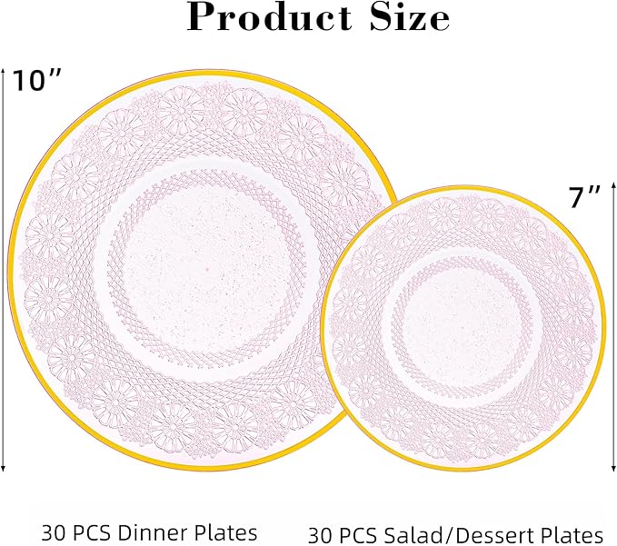 60PCS Pink Plastic Plates with Gold Rim, Lace Patterns Heavy Duty Disposable Plates Include 30 Dinner Plate 10 Inch and 30 Salad Plate 7 Inch for Party, Wedding, Transparent Pink