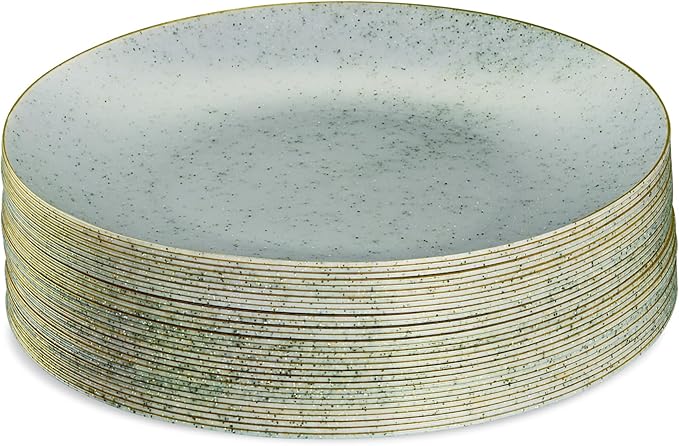 PLASTICPRO 30 Pack Disposable Plastic Plates Heavyweight Granite Look Elegant 9 inch Dinner Plates Green with Gold Rim