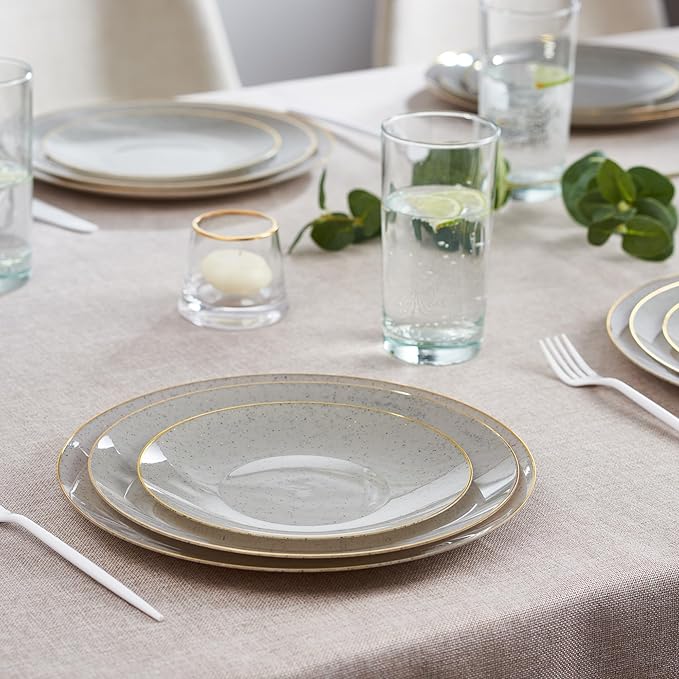 PLASTICPRO 30 Pack Disposable Plastic Plates Heavyweight Granite Look Elegant 9 inch Dinner Plates Grey with Gold Rim