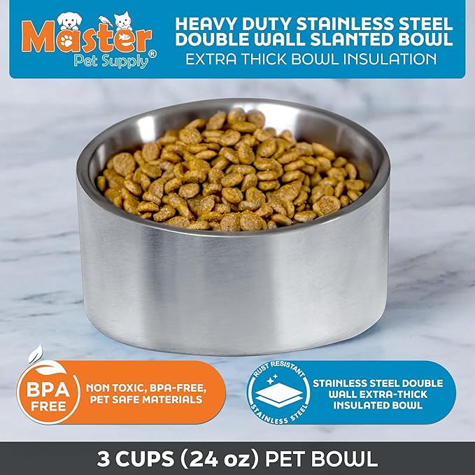 Master Pet Supply Stainless Steel Slanted Dog Cat Food Bowl - 24 oz Heavy Duty - Stainless Steel, Double Wall Insulated, Non-Slip Elevated Bowl for French Bulldogs Pugs Cats, Anti Rust Dishwasher Safe