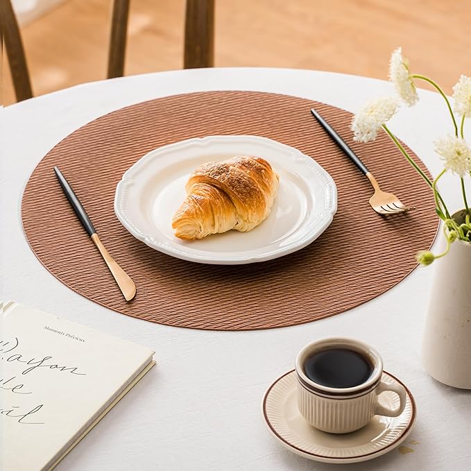 Jovono 15" Faux Leather Big Round Placemats Set of 8 - Washable Heat Resistant Non-Slip Dining Table Mats with Fabric Texture for Kitchen Home Party Decor, Brown