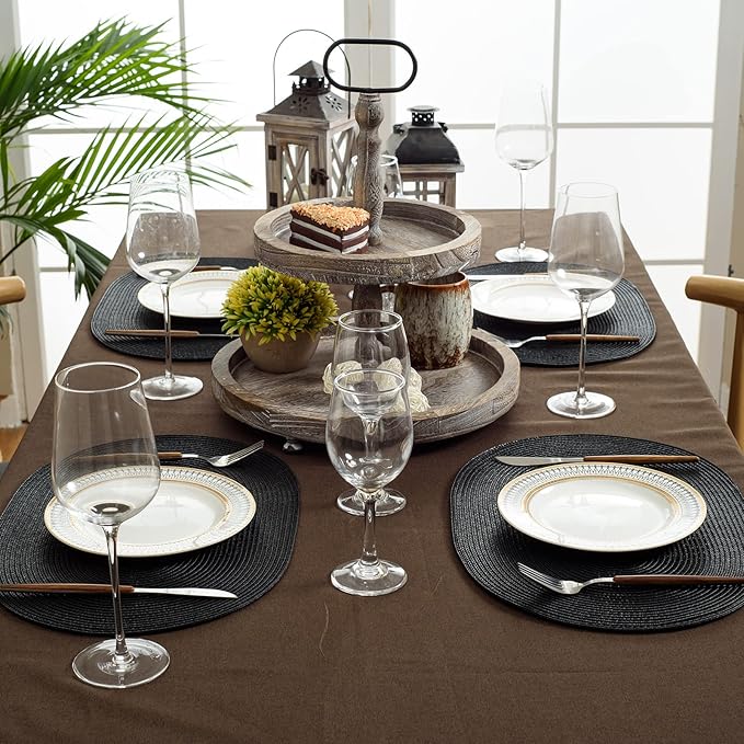 FunWheat Oval Braided Placemats Set of 6 Table Mats for Dining Tables Washable Heat Resistant Place mats for Daily Use 12 x18 Inch (Oval Black, 6pcs)