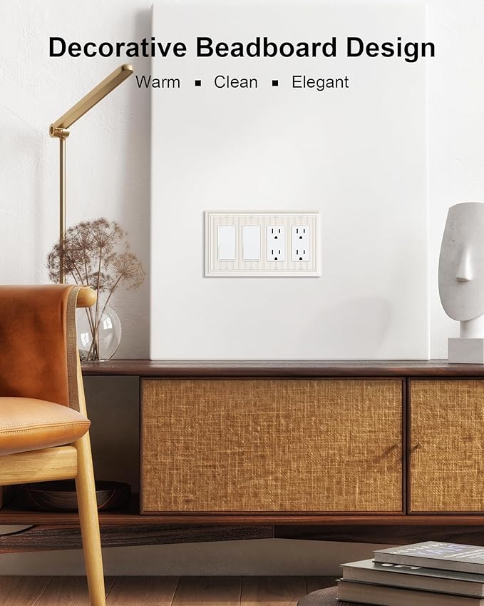 2-Pack Classic Beadboard Quad Decorator Wall Switch Cover, Light Almond Decorative Switch Plate and Outlet Cover, Natural Bamboo Fiber 4 Gang Wall Plate for Electrical Outlet, Receptacle, GFCI Outlet