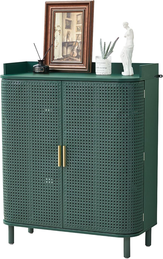 ORRD Shoe Cabinet, 5 Tier Boho Wooden Shoe Storage Organizer Cabinet with Adjustable Shelves, Shoes Rack with Iron Rattan Curved Doors Accent Cabinet for Entryway Hallway Living Room, Green