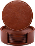 LAMOTI Leather Coasters for Drinks, 4" Drink Coasters Set of 6 with Holder for Tabletop Protection, Handmade Luxurious Home Décor and Housewarming Gift (Brown)