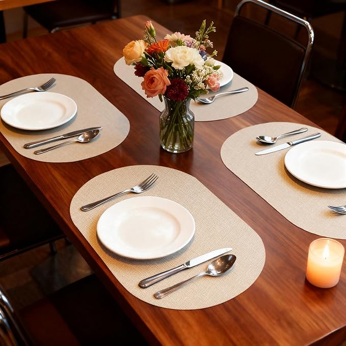 Oval Placemats for Dining Table Set of 6, Washable Leather Table Mats, Waterproof Heat-Resistant Non-Slip Kitchen Placemats, Simple Style Oval Design