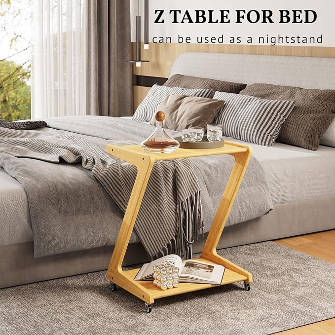 ZIYOO Z-Shaped End Table with Wheels, Natural Bamboo Couch Side Table That Slides Under Sofa/Bed, Mobile Snack Table for Living Room, Bedroom, Small Spaces
