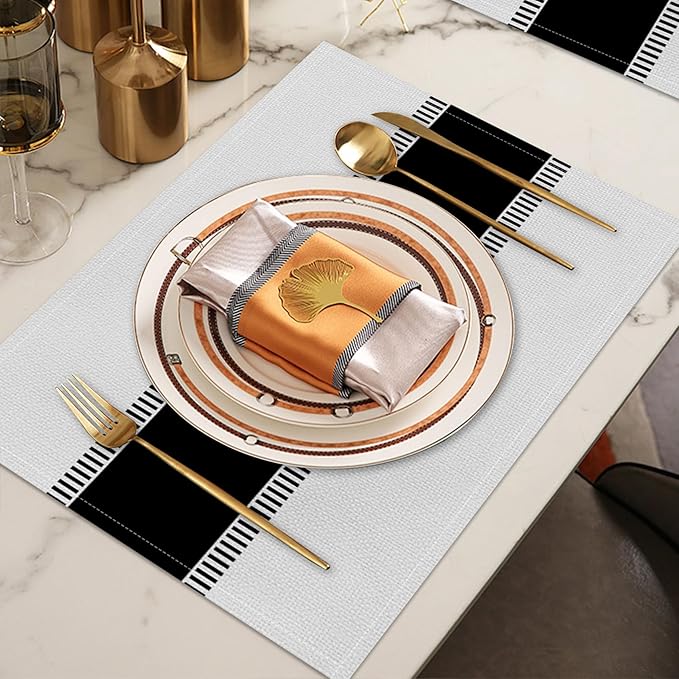 CSFOTO Modern Minimalist Line Decorative Placemats Set of 4 Heat-Resistant Non-Slip Black and White Linen Place Mats for Dining Table 18"x12" Washable