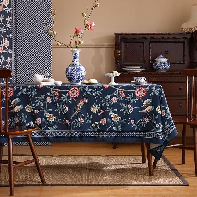 patdrea Designer Dark Blue Linen Rectangular Tablecloth,Vintage Navy French Floral and Birds Pattern Table Cloth,Decoration Table Cover for Kitchen,Dining,Tea Party,Home,Christmas,63"*110"