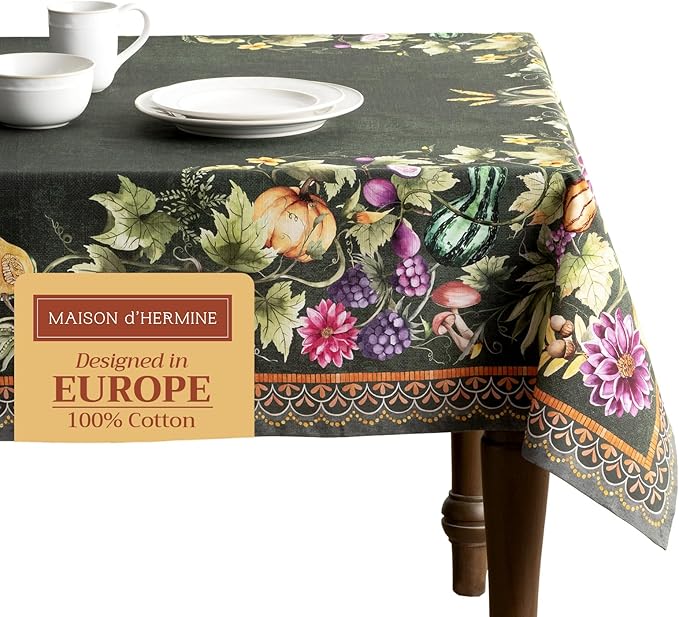 Maison d' Hermine Table Cloth Square Table 100% Cotton 60 x 60 Inches Fall Tablecloth Reusable Everyday Use for Thanksgiving Christmas Decorations Dining Farmhouse Party (Pumpkin Garden - Dark Green)